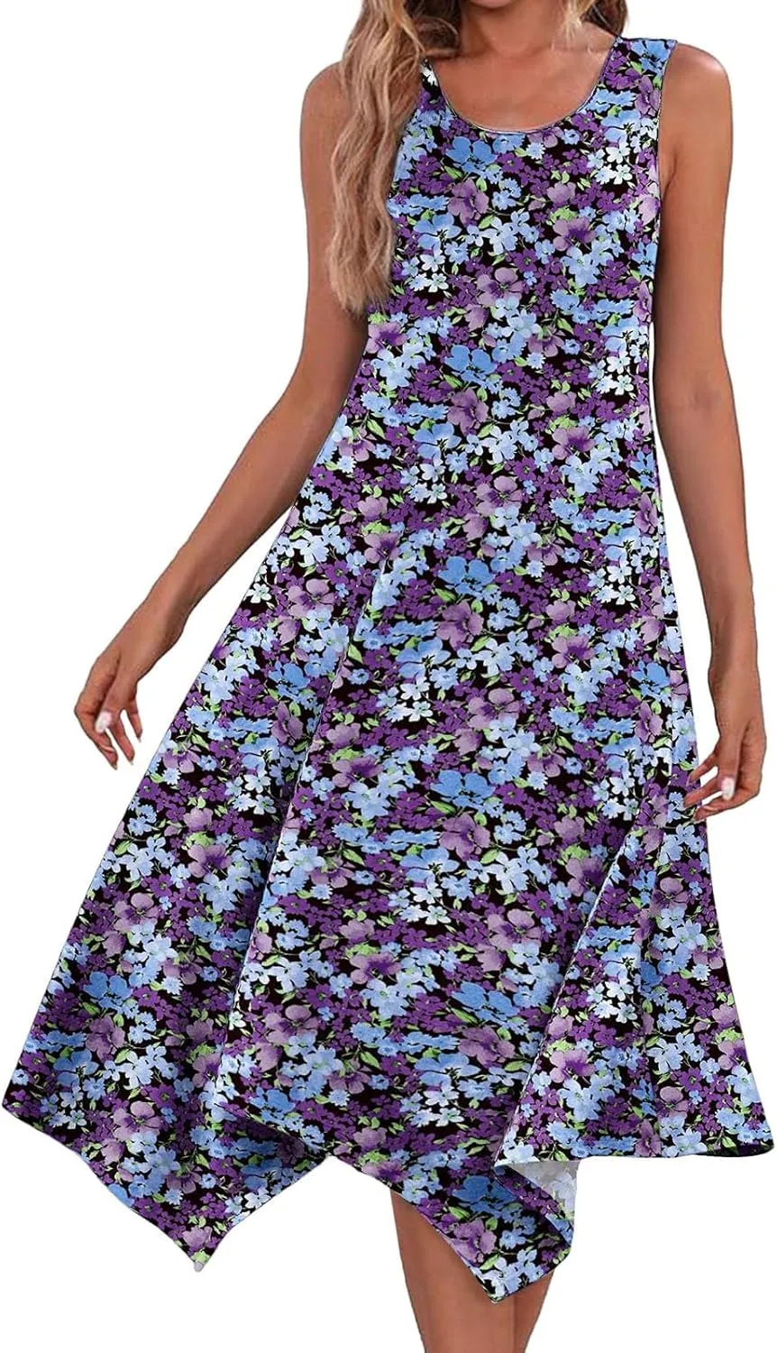 Sundresses for Women 2024 Casual Crewneck Printed Handkerchief Beach Dress Trendy High Waist Maxi Dress Summer Dress