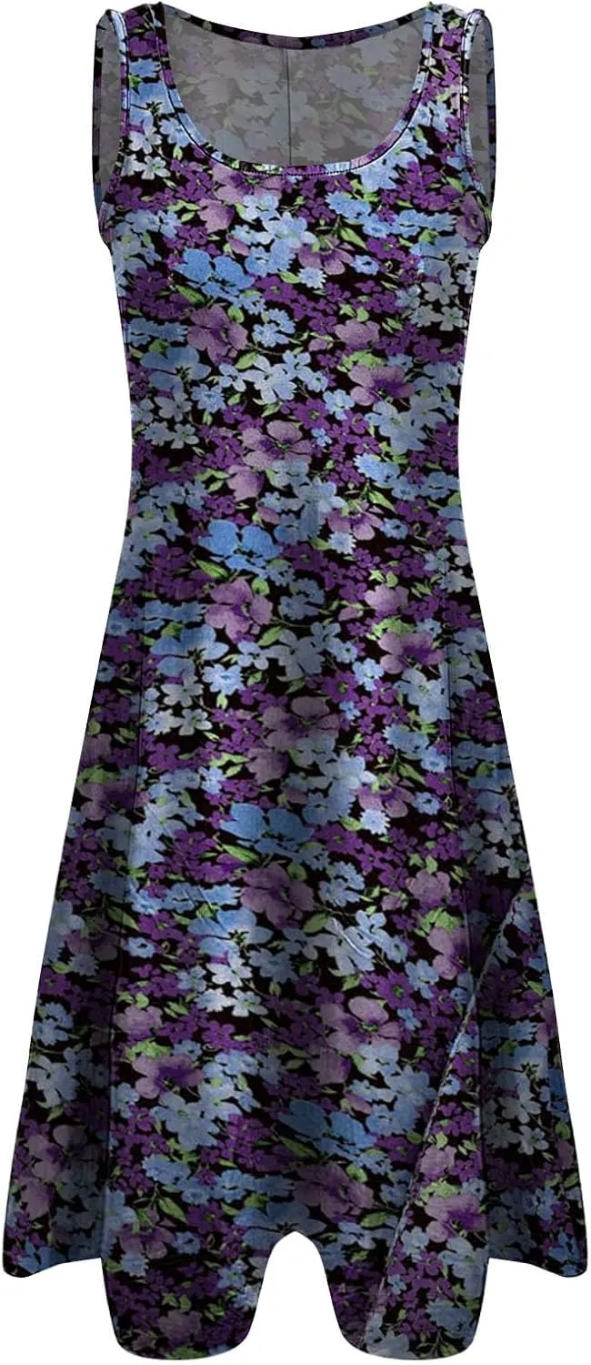 Sundresses for Women 2024 Casual Crewneck Printed Handkerchief Beach Dress Trendy High Waist Maxi Dress Summer Dress