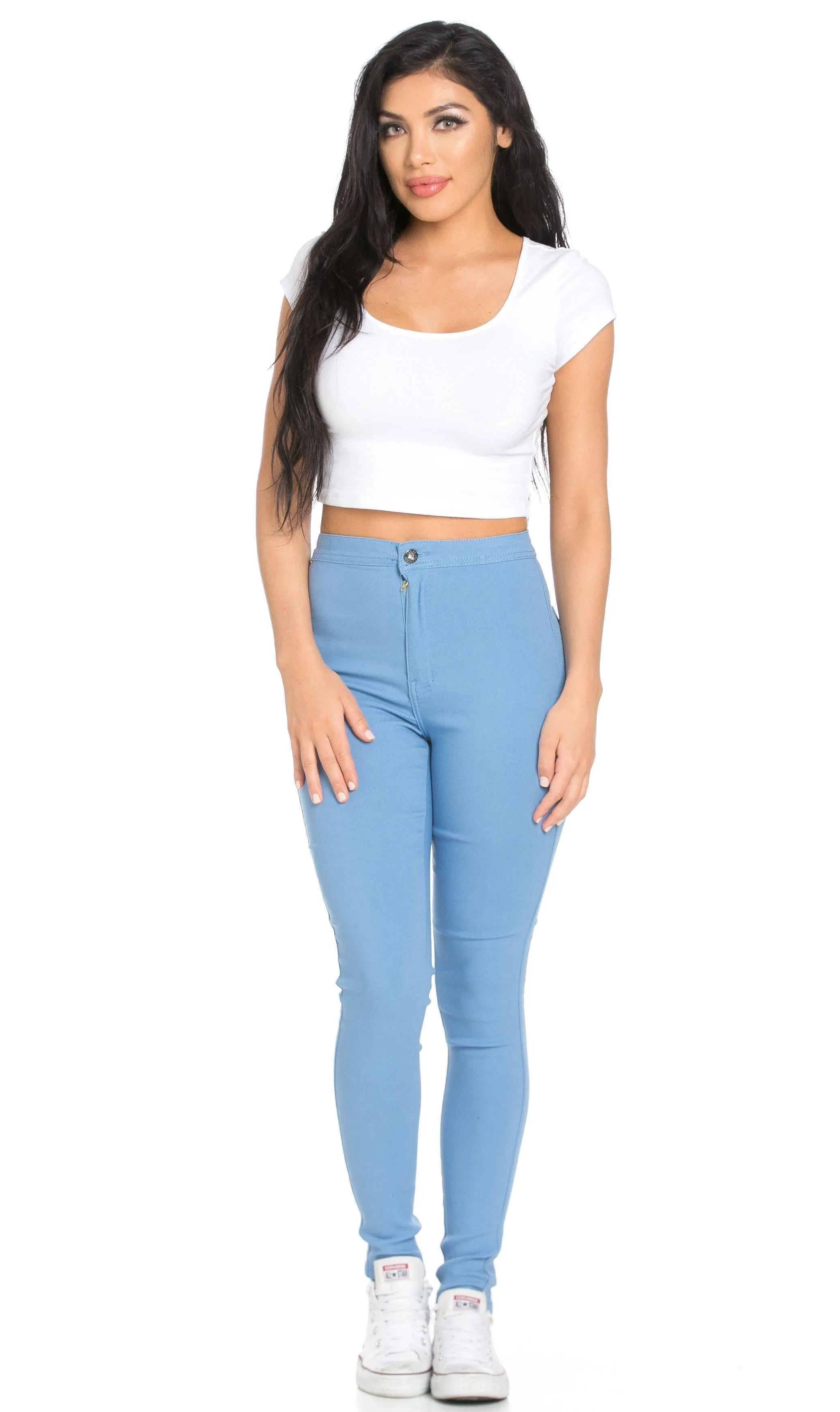 Super High Waisted Stretchy Skinny Jeans - Baby Blue