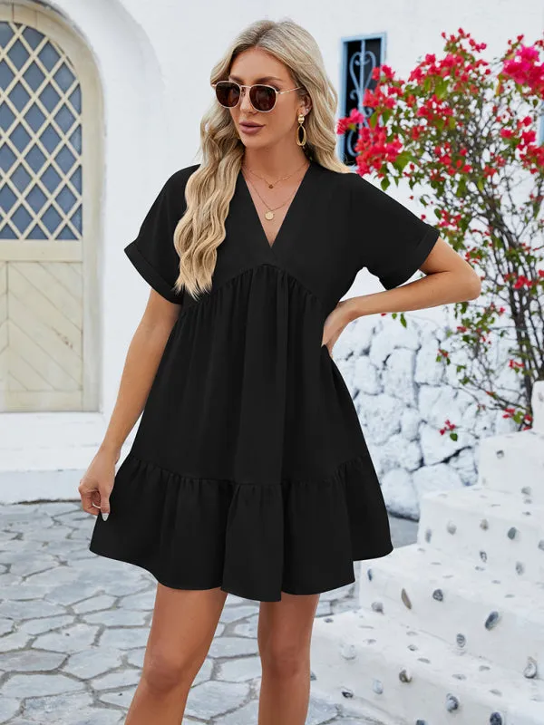 Tunic Style Short Sleeve V-Neck Dress for Summer