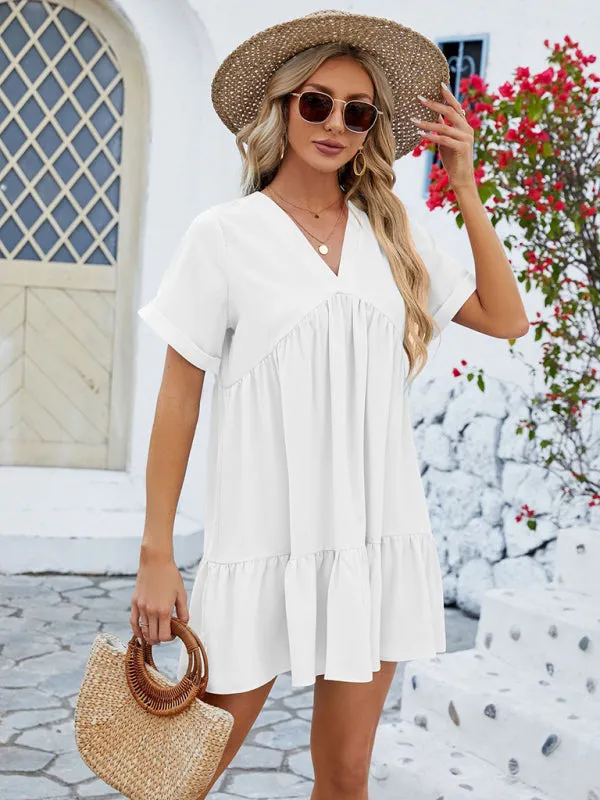 Tunic Style Short Sleeve V-Neck Dress for Summer