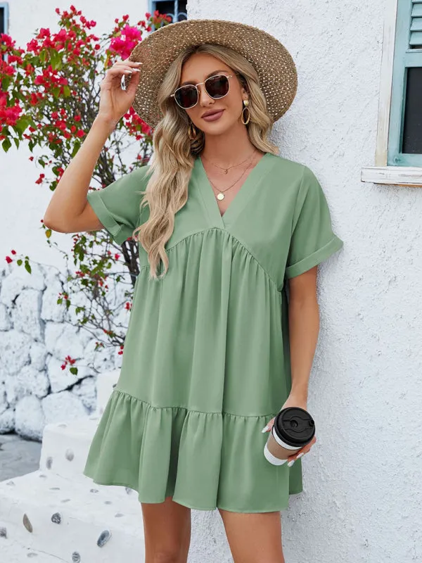 Tunic Style Short Sleeve V-Neck Dress for Summer