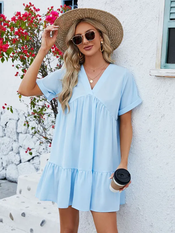 Tunic Style Short Sleeve V-Neck Dress for Summer