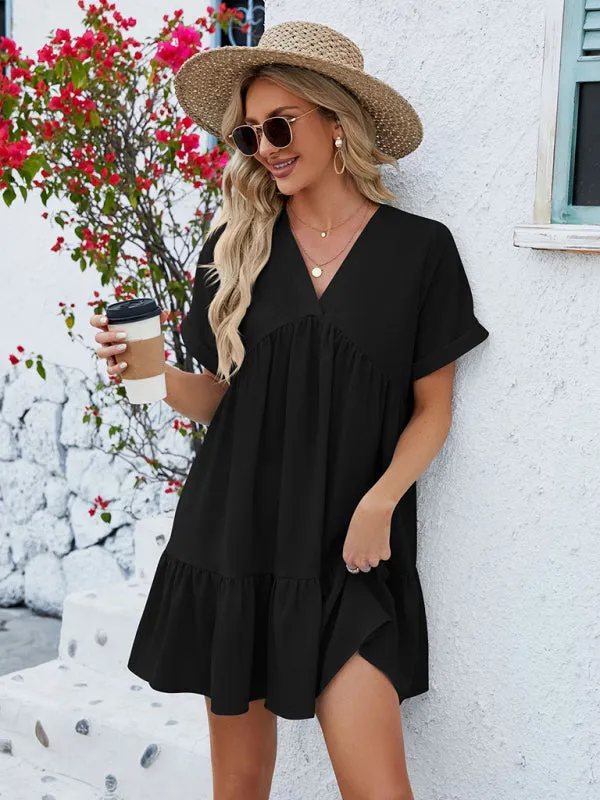 Tunic Style Short Sleeve V-Neck Dress for Summer