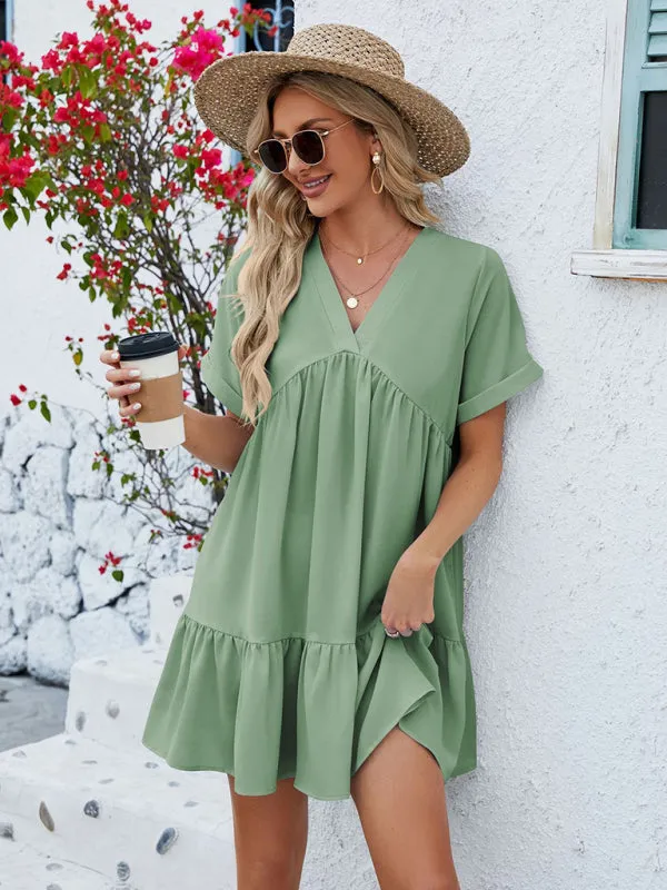 Tunic Style Short Sleeve V-Neck Dress for Summer