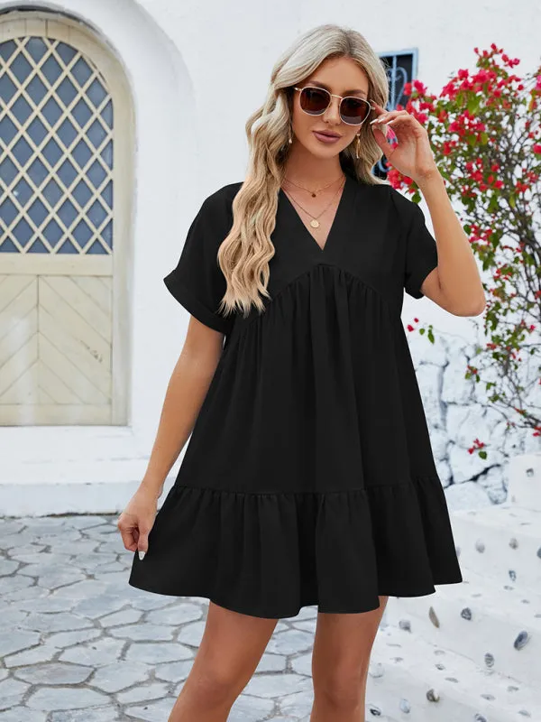 Tunic Style Short Sleeve V-Neck Dress for Summer