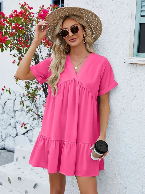 Tunic Style Short Sleeve V-Neck Dress for Summer