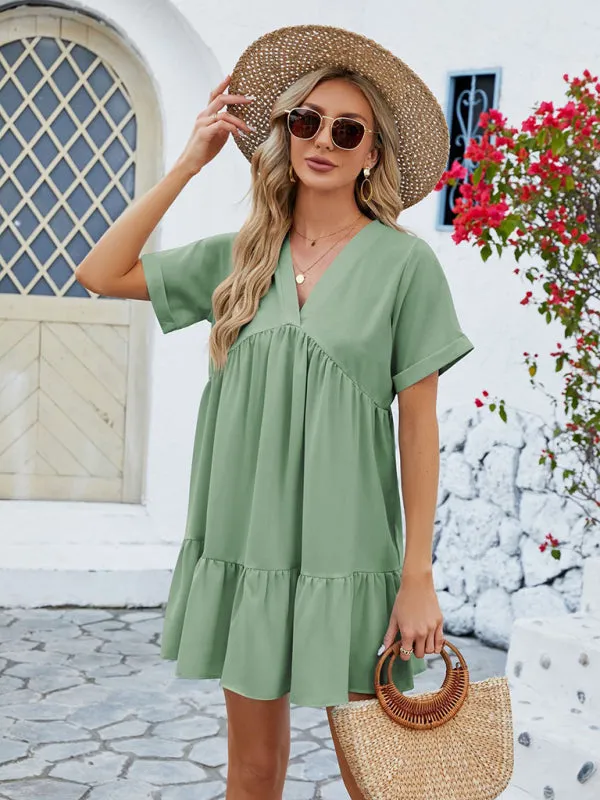 Tunic Style Short Sleeve V-Neck Dress for Summer
