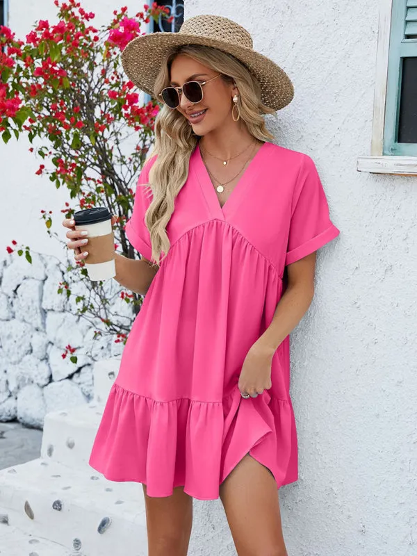 Tunic Style Short Sleeve V-Neck Dress for Summer
