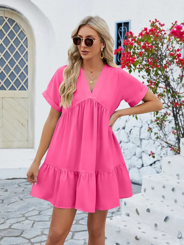 Tunic Style Short Sleeve V-Neck Dress for Summer