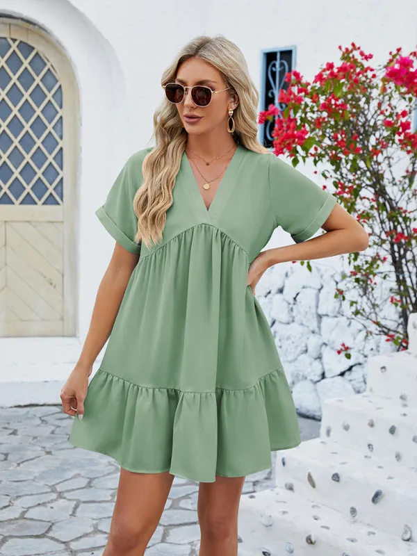 Tunic Style Short Sleeve V-Neck Dress for Summer