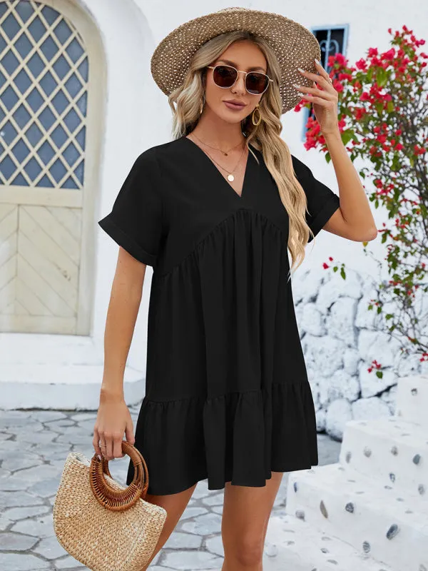 Tunic Style Short Sleeve V-Neck Dress for Summer