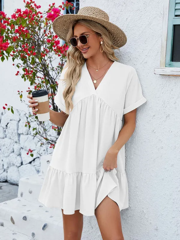 Tunic Style Short Sleeve V-Neck Dress for Summer