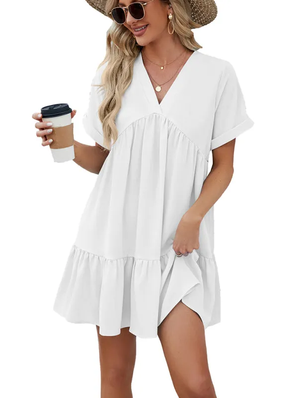 Tunic Style Short Sleeve V-Neck Dress for Summer