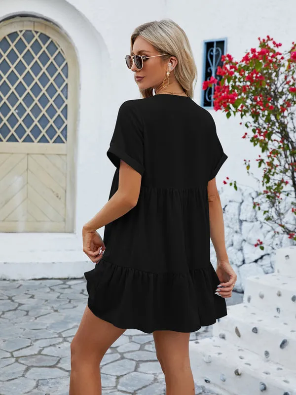 Tunic Style Short Sleeve V-Neck Dress for Summer