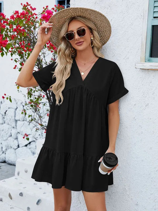 Tunic Style Short Sleeve V-Neck Dress for Summer