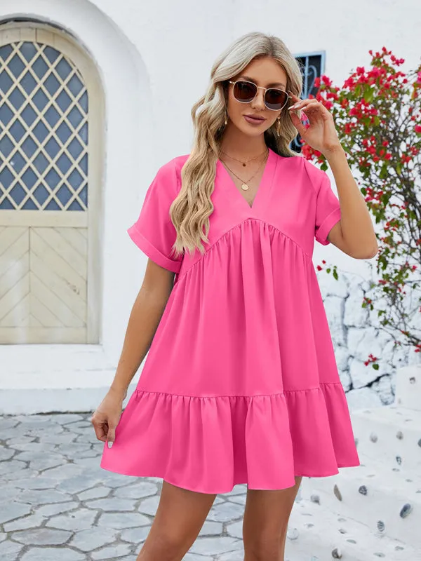 Tunic Style Short Sleeve V-Neck Dress for Summer