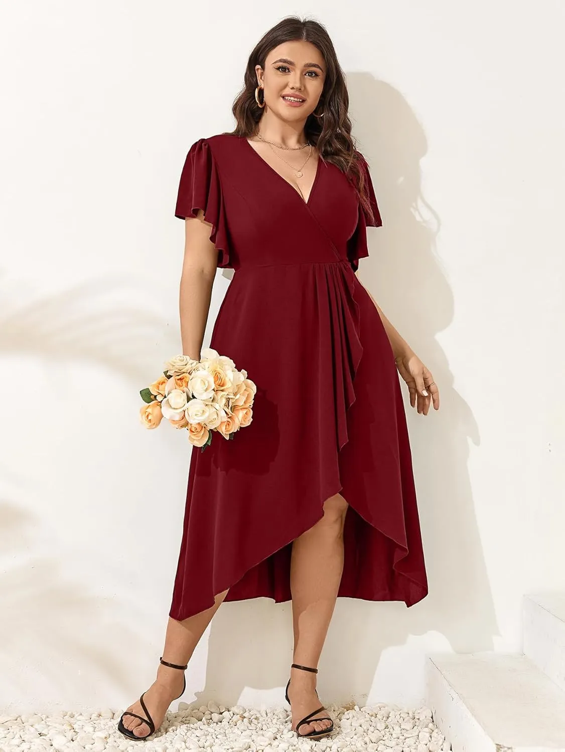 Women Plus Size Maxi Dress Short Sleeve Wrap V Neck Dress High Low Split Long Dress