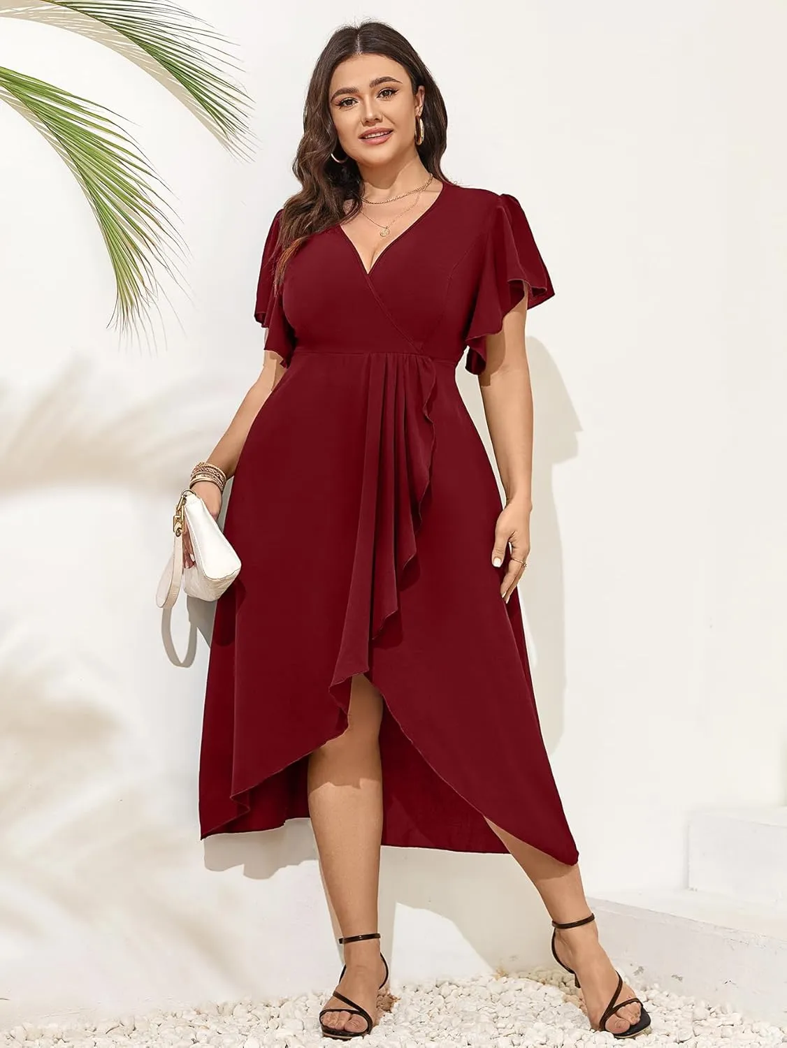 Women Plus Size Maxi Dress Short Sleeve Wrap V Neck Dress High Low Split Long Dress