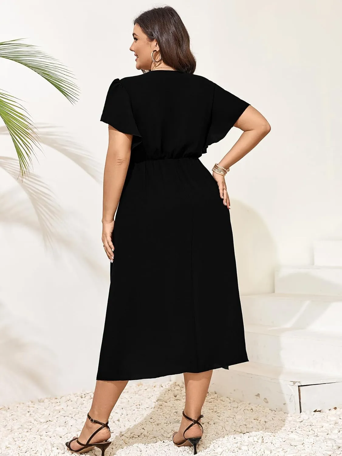 Women Plus Size Maxi Dress Short Sleeve Wrap V Neck Dress High Low Split Long Dress