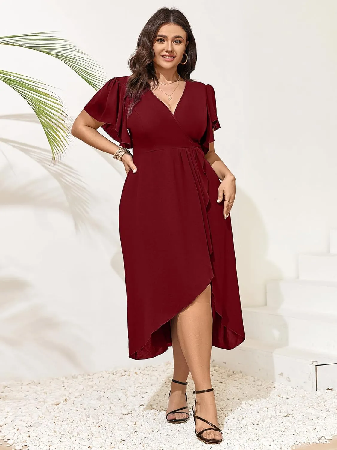 Women Plus Size Maxi Dress Short Sleeve Wrap V Neck Dress High Low Split Long Dress