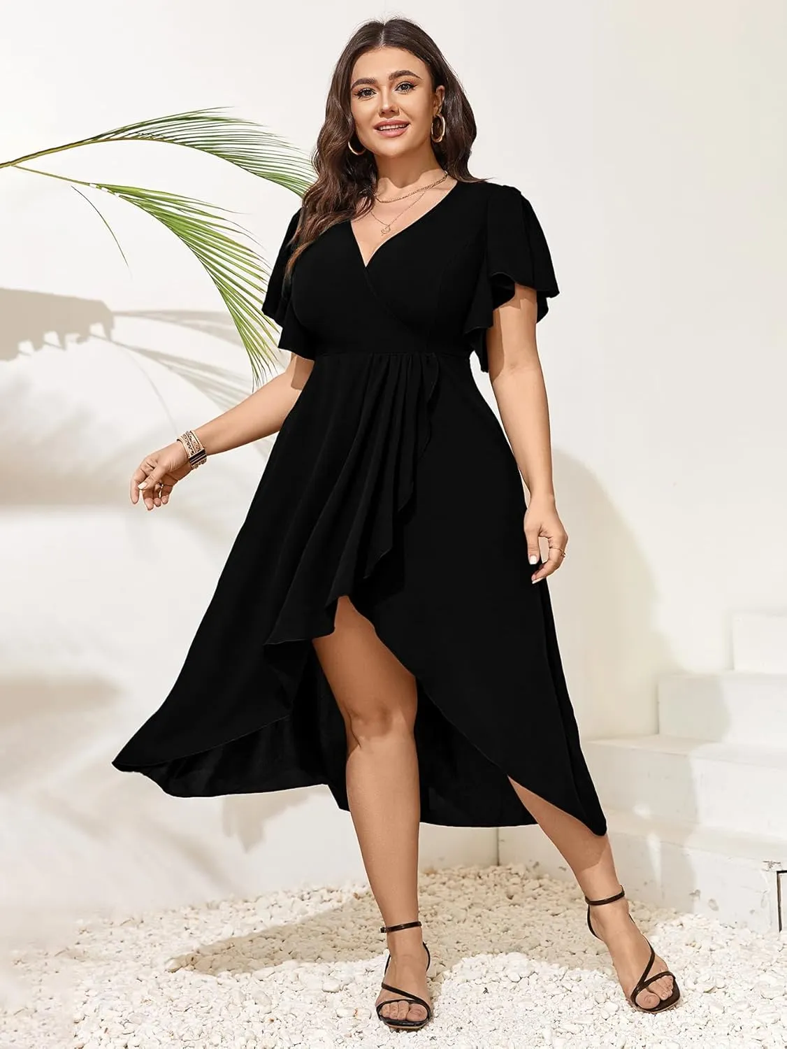 Women Plus Size Maxi Dress Short Sleeve Wrap V Neck Dress High Low Split Long Dress