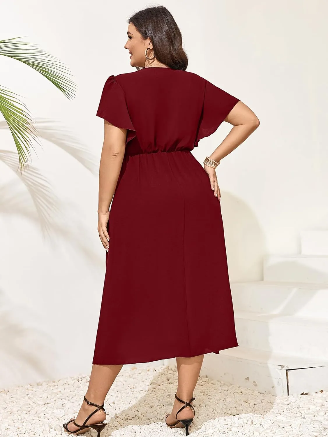 Women Plus Size Maxi Dress Short Sleeve Wrap V Neck Dress High Low Split Long Dress