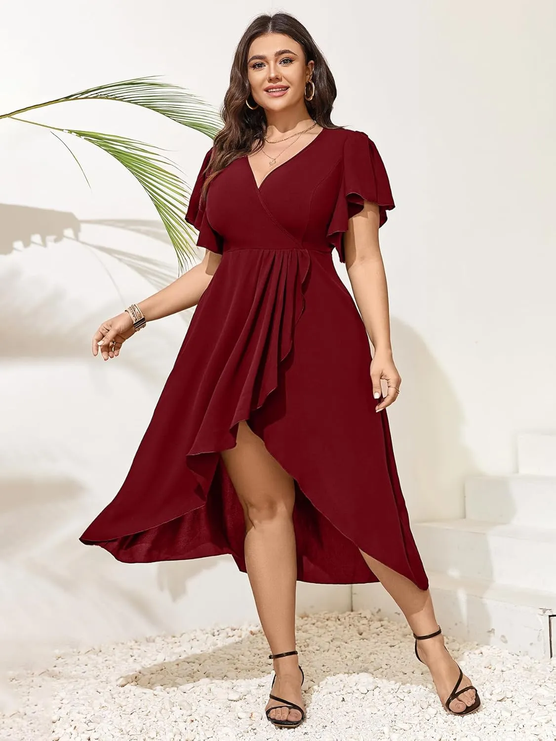 Women Plus Size Maxi Dress Short Sleeve Wrap V Neck Dress High Low Split Long Dress
