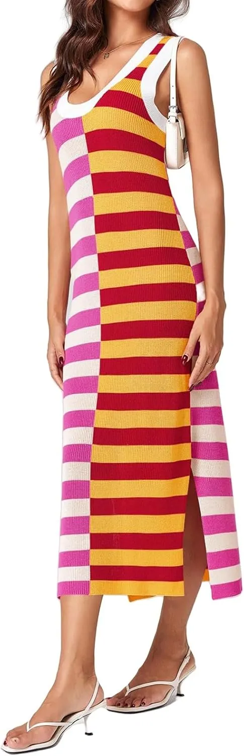 Women Striped Knit Tank Dress Casual Scoop Neck Sleeveless Split Ribbed Maxi Dresses Color Block Long Dress