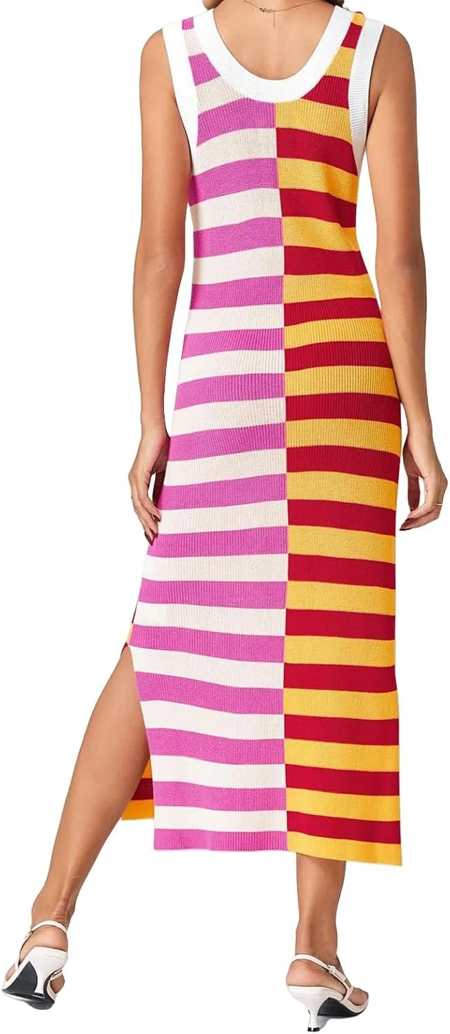 Women Striped Knit Tank Dress Casual Scoop Neck Sleeveless Split Ribbed Maxi Dresses Color Block Long Dress