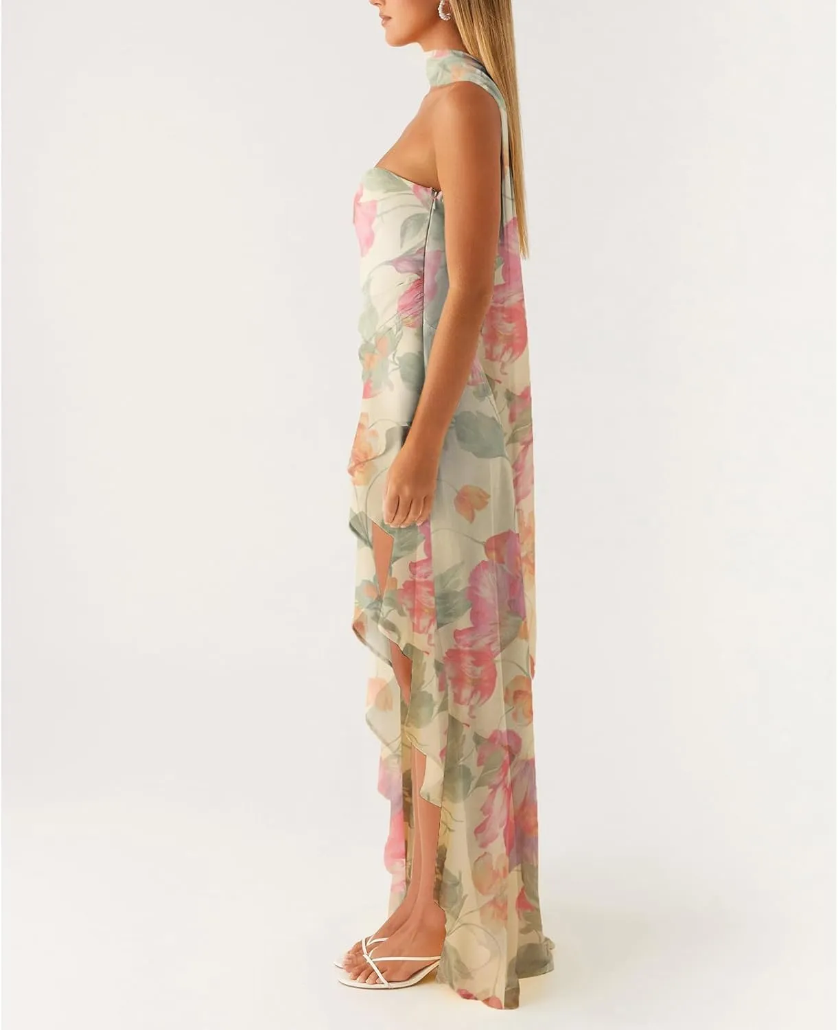 Women Y2k High Slit Maxi Dress Ruffle Floral Ptint Backless Sleeveless Strapless Dresses Sexy Mesh Bodycon Sundress