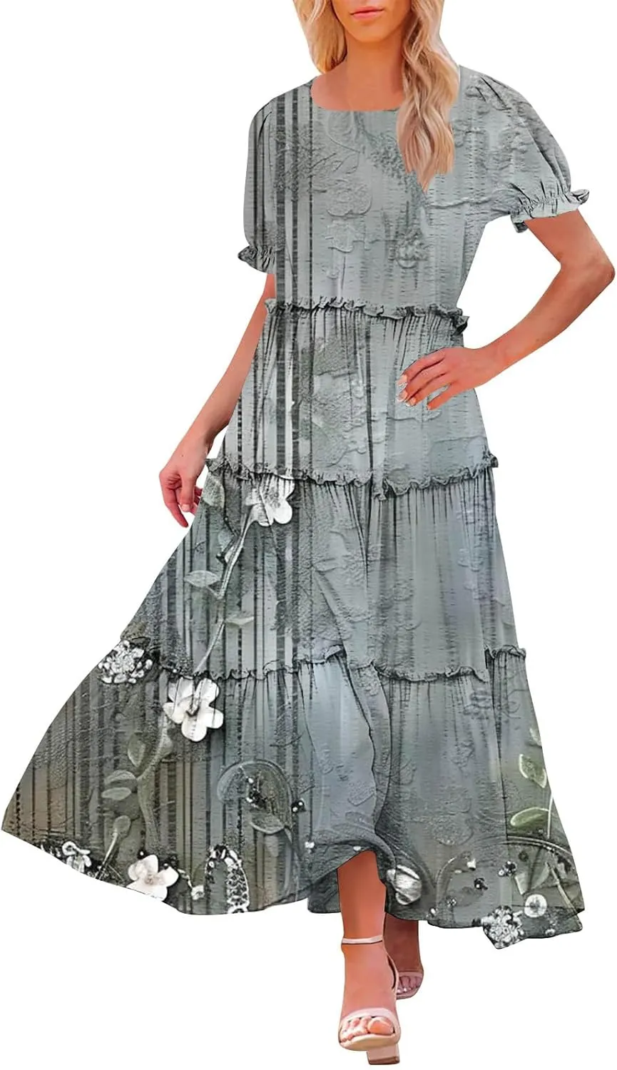 Women's Boho Maxi Dress Elegant Summer Floral Print Dress Short Sleeve Crewneck Tiered A-Line Casual Beach Dresses