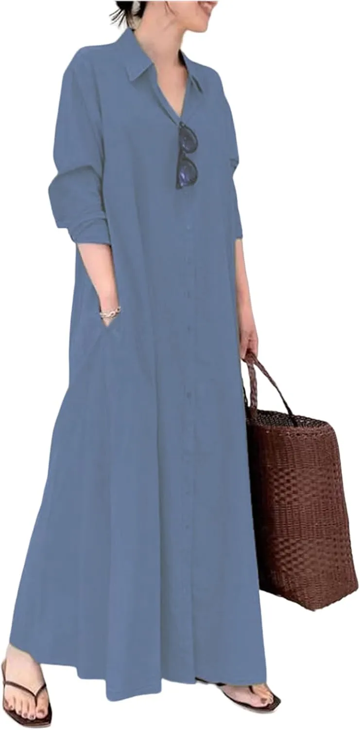 Women's Button Down Cotton Linen Shirt Dress with Pockets Cotton Linen Long Sleeve Casual Maxi Shirtdress Beach Dress