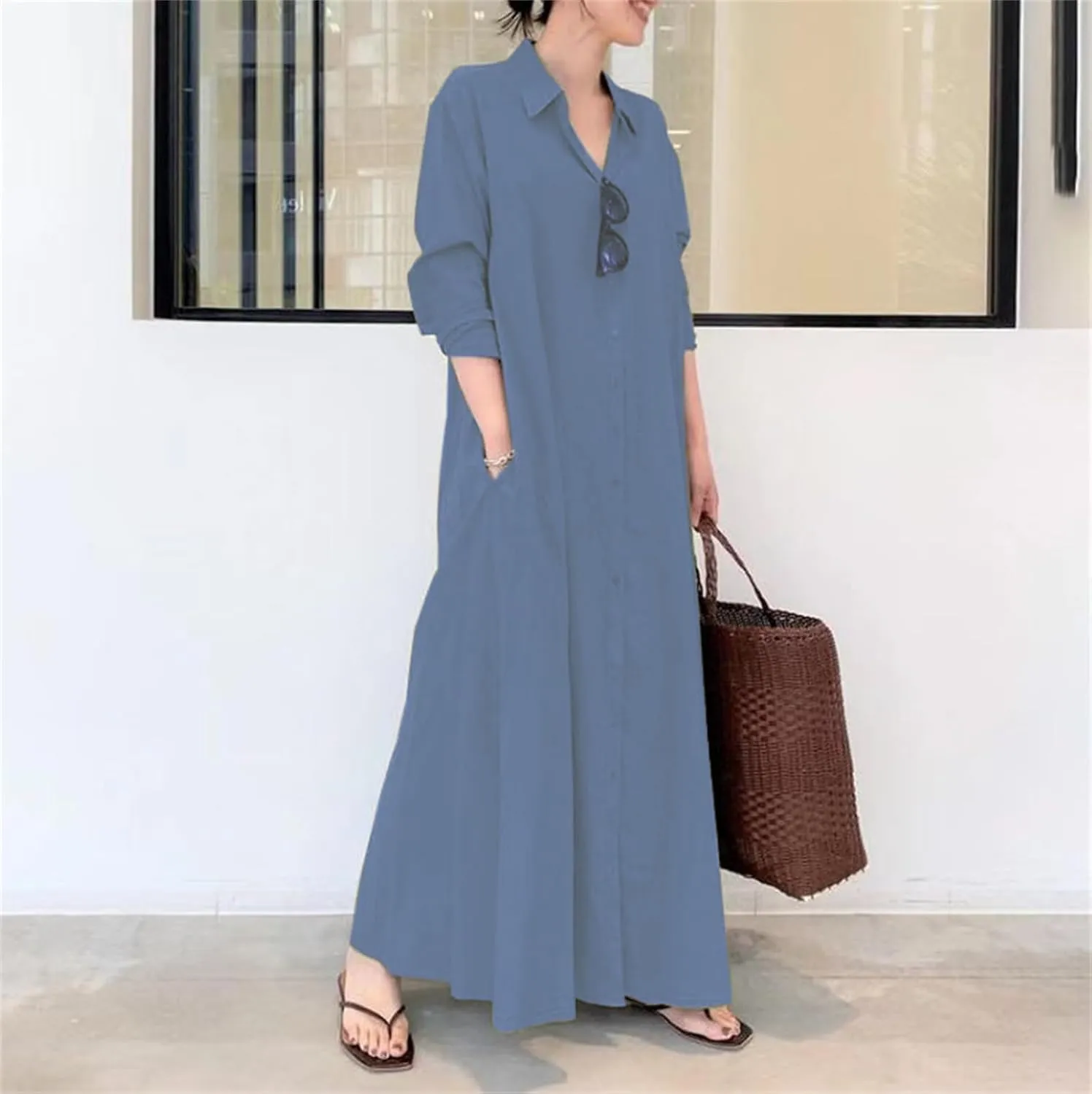 Women's Button Down Cotton Linen Shirt Dress with Pockets Cotton Linen Long Sleeve Casual Maxi Shirtdress Beach Dress