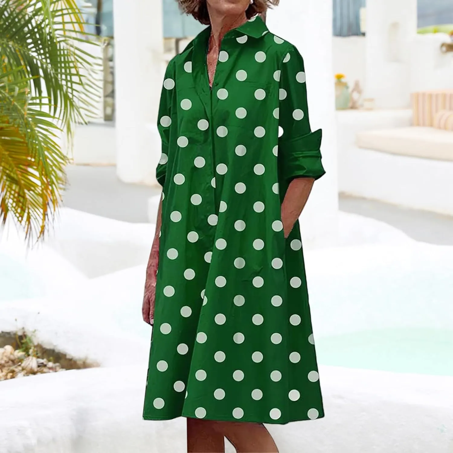 Womens Casual Midi Dress Summer Long Sleeve Button Down Shirt Dresses Trendy V Neck Color Block Print Beach Sundress