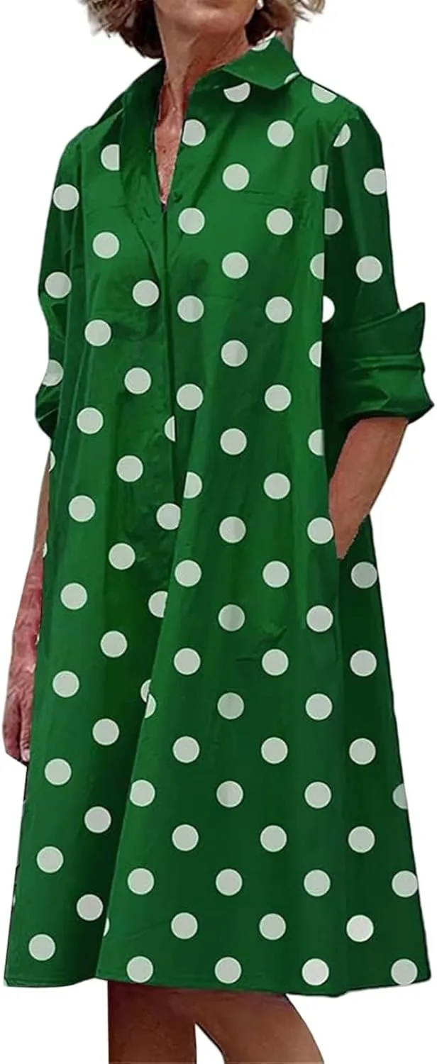 Womens Casual Midi Dress Summer Long Sleeve Button Down Shirt Dresses Trendy V Neck Color Block Print Beach Sundress
