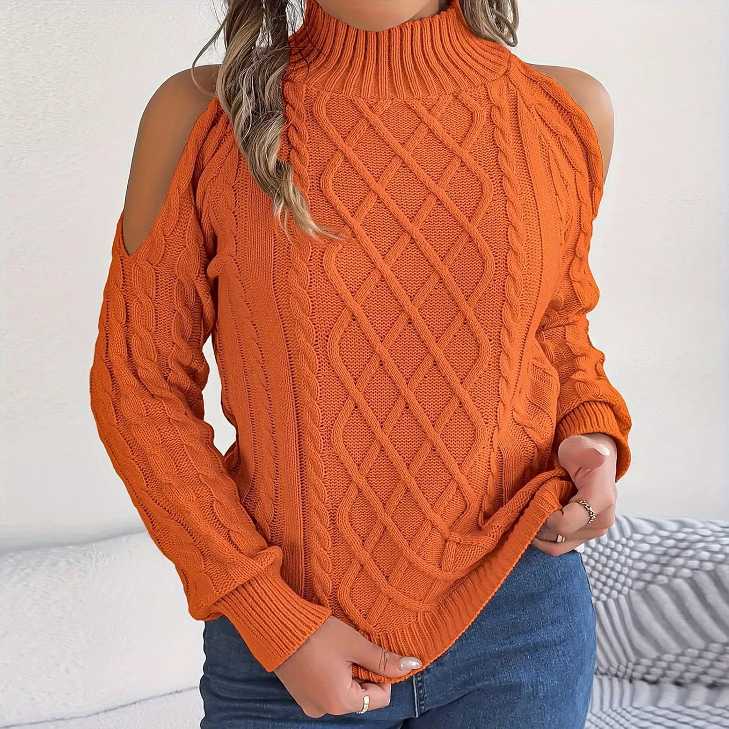 Womens Cold Shoulder Turtleneck Sweaters 2024 Fall Winter Long Sleeve Soft Chunky Cable Knit Pullovers Sexy Jumper Tops