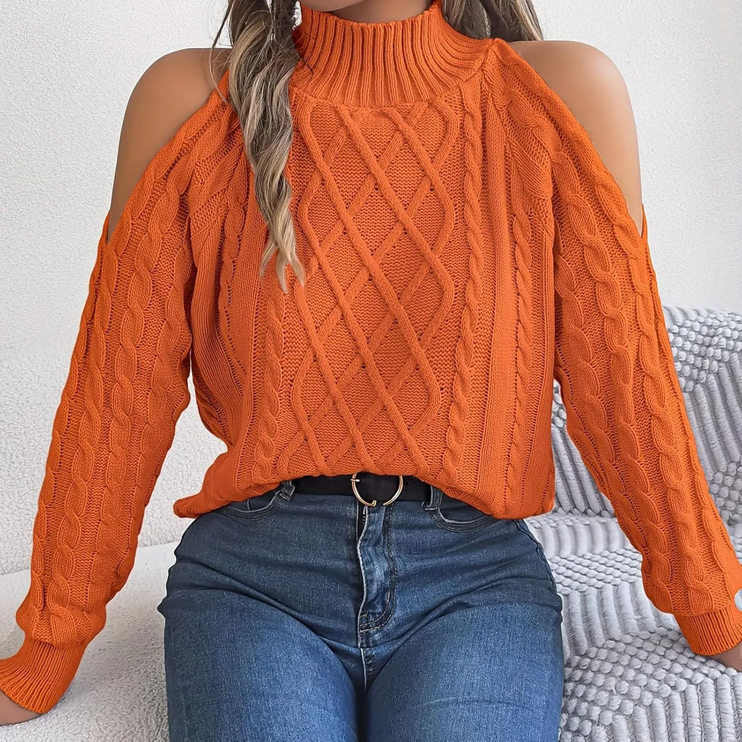 Womens Cold Shoulder Turtleneck Sweaters 2024 Fall Winter Long Sleeve Soft Chunky Cable Knit Pullovers Sexy Jumper Tops