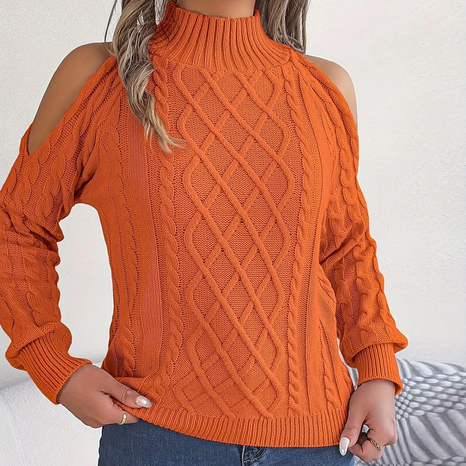Womens Cold Shoulder Turtleneck Sweaters 2024 Fall Winter Long Sleeve Soft Chunky Cable Knit Pullovers Sexy Jumper Tops