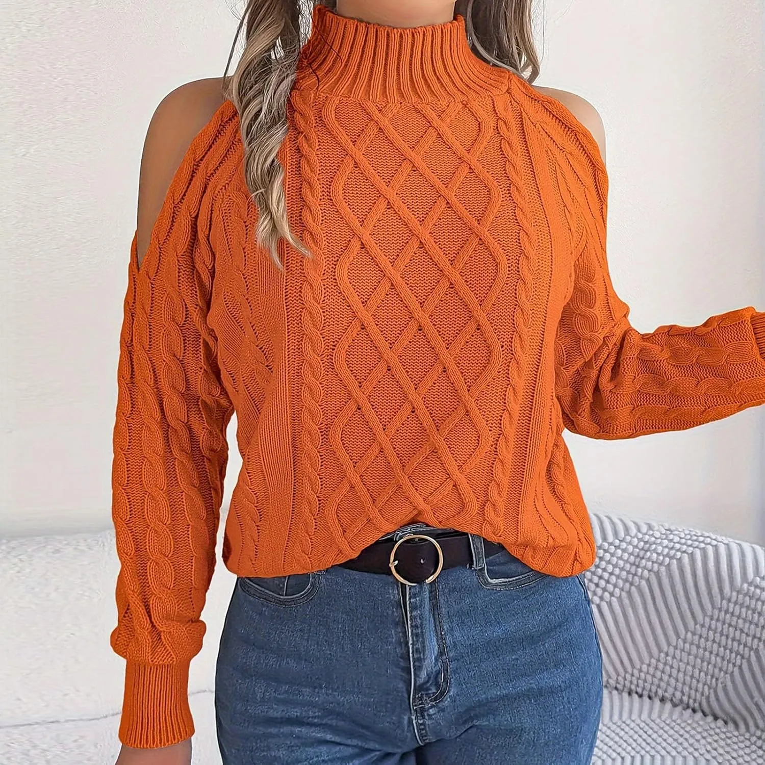 Womens Cold Shoulder Turtleneck Sweaters 2024 Fall Winter Long Sleeve Soft Chunky Cable Knit Pullovers Sexy Jumper Tops