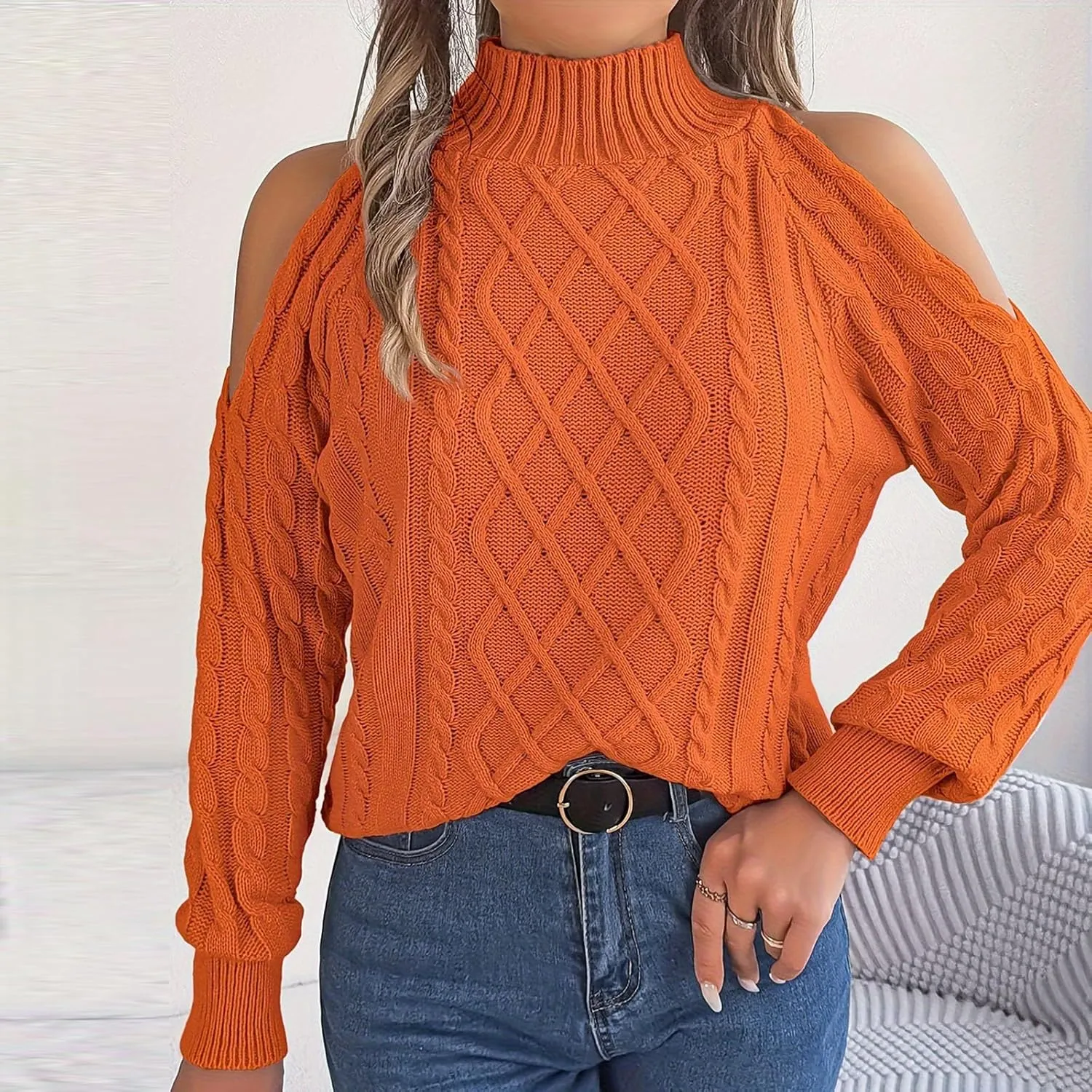 Womens Cold Shoulder Turtleneck Sweaters 2024 Fall Winter Long Sleeve Soft Chunky Cable Knit Pullovers Sexy Jumper Tops