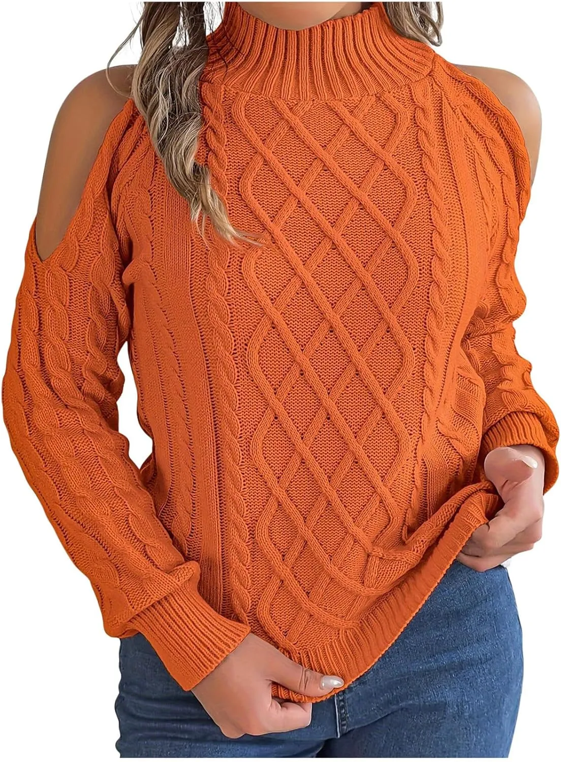 Womens Cold Shoulder Turtleneck Sweaters 2024 Fall Winter Long Sleeve Soft Chunky Cable Knit Pullovers Sexy Jumper Tops