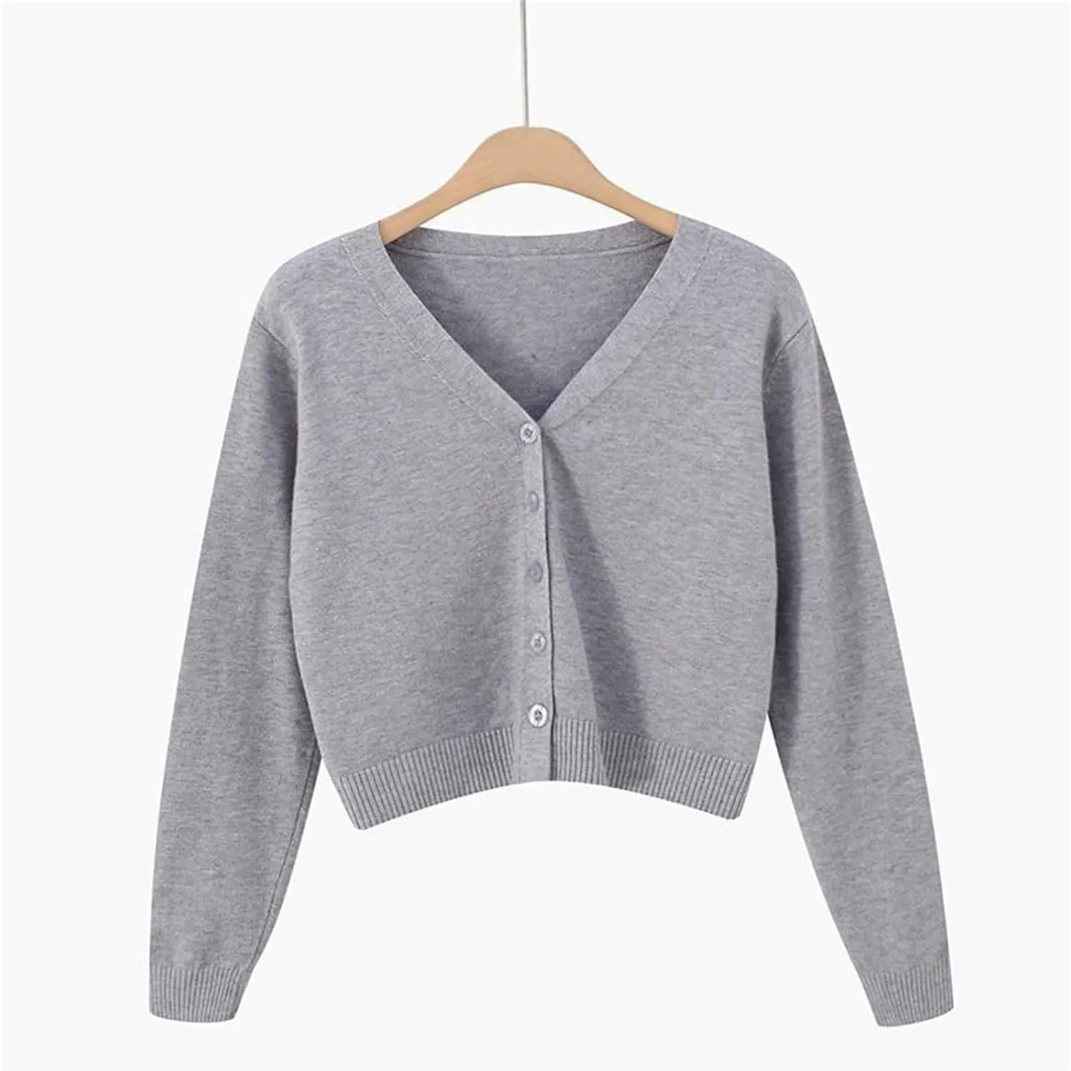 Womens Cropped Cardigan Sweatshirts V Neck Long Sleeves Sweater Soft Button Down Pullovers Plain Lightweight Tops