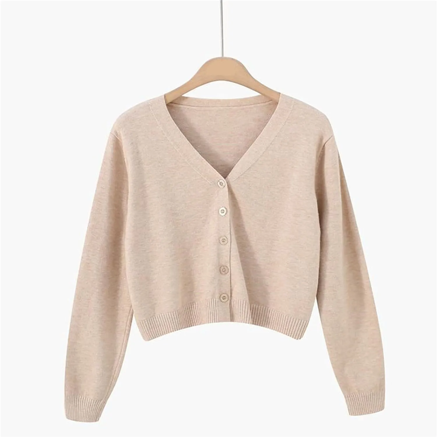 Womens Cropped Cardigan Sweatshirts V Neck Long Sleeves Sweater Soft Button Down Pullovers Plain Lightweight Tops