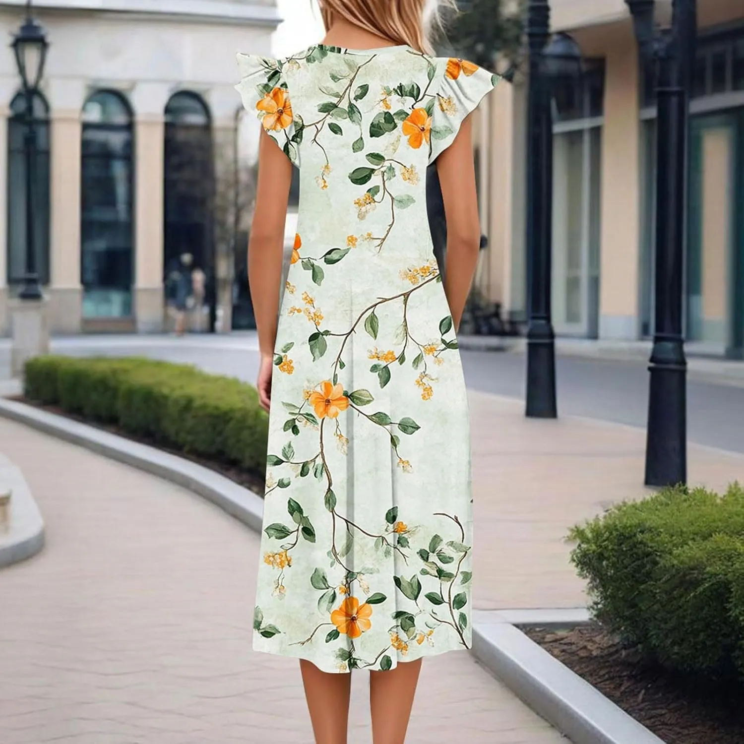 Women's Floral Midi Summer Dresses with Pockets, Flared Sleeve Round Neck Flowy Long Beach Beach Sundress