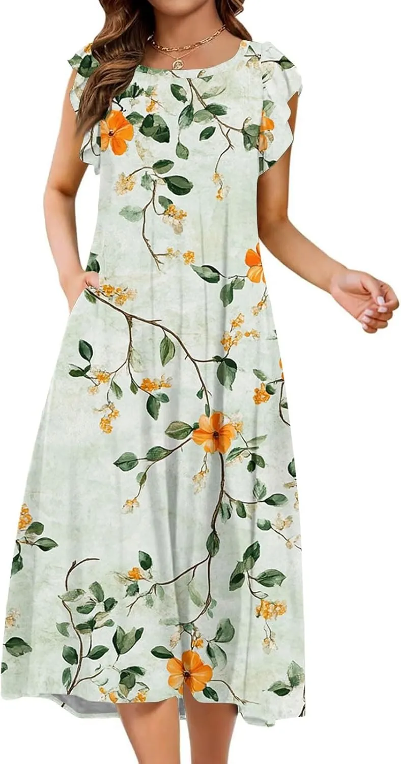 Women's Floral Midi Summer Dresses with Pockets, Flared Sleeve Round Neck Flowy Long Beach Beach Sundress