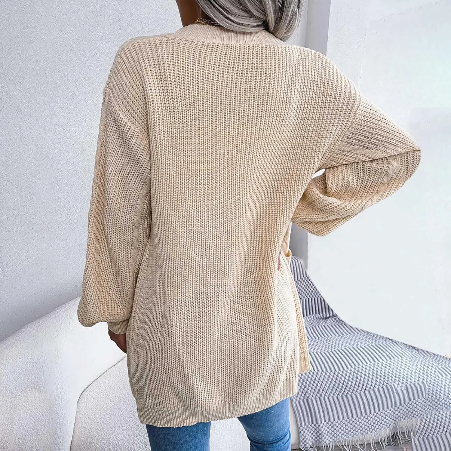 Women's Long Sleeve Soft Chunky Knit Sweater Solid Pockets Open Front Cardigans Outwear Coat Casual Cozy Fall Cover Up
