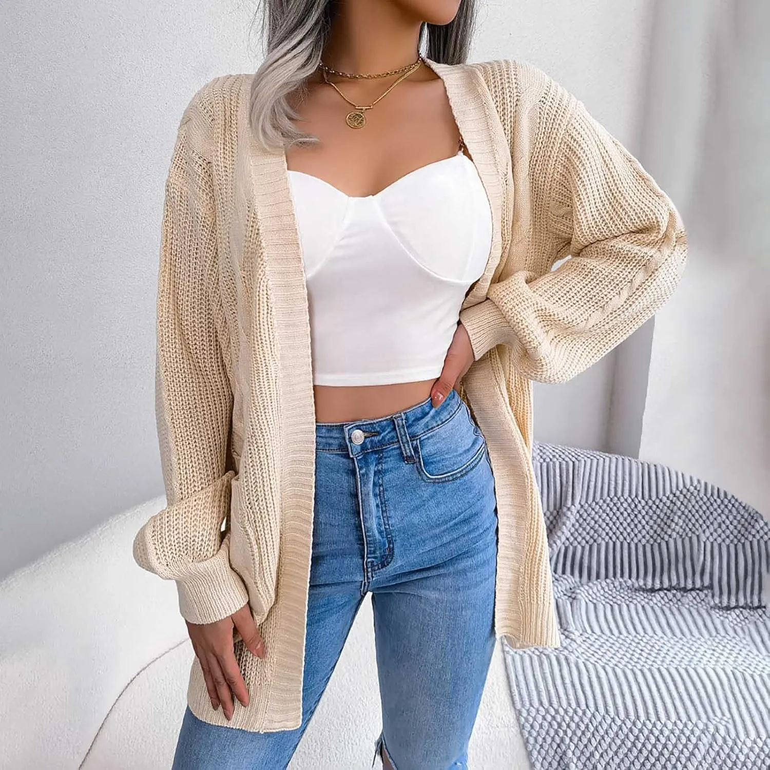 Women's Long Sleeve Soft Chunky Knit Sweater Solid Pockets Open Front Cardigans Outwear Coat Casual Cozy Fall Cover Up