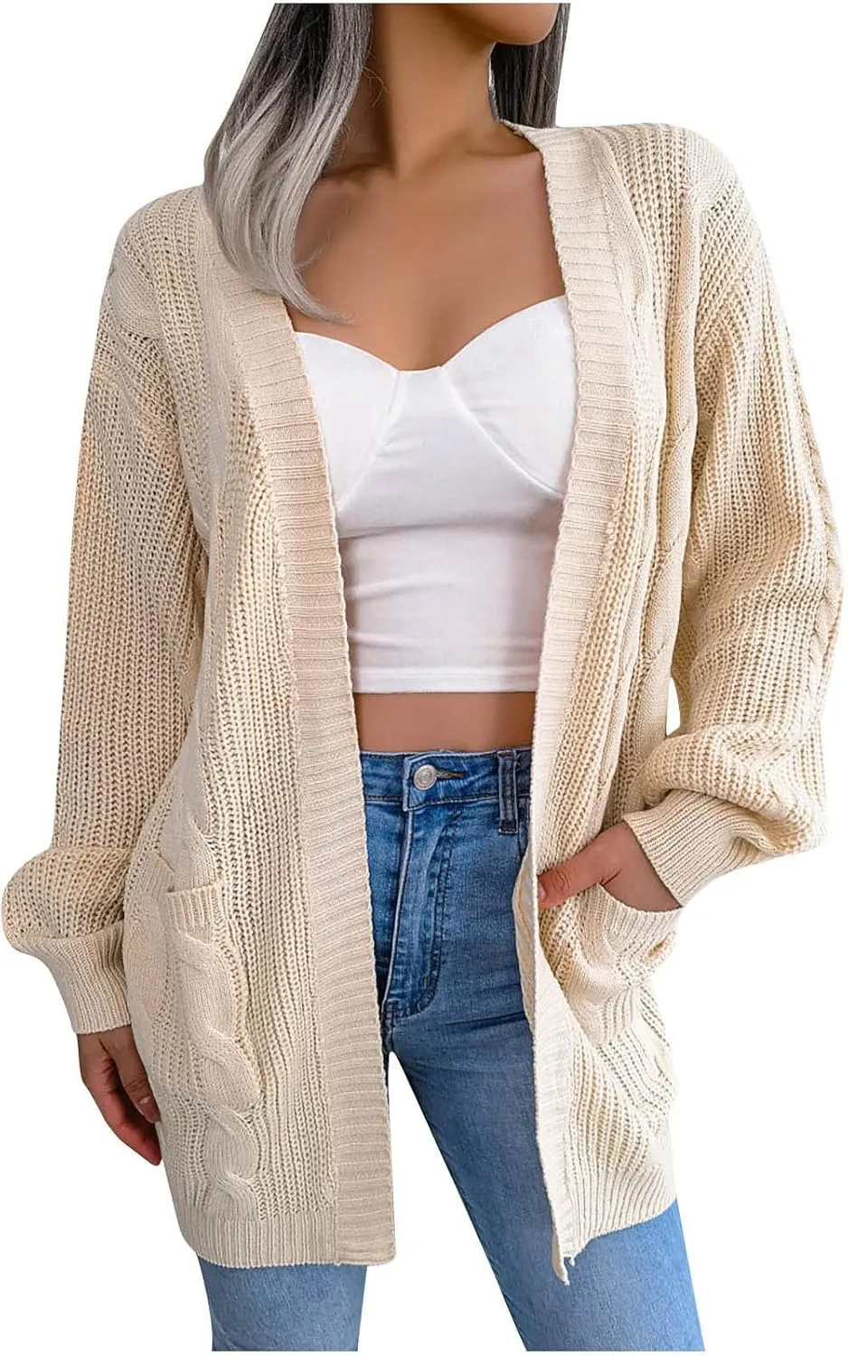 Women's Long Sleeve Soft Chunky Knit Sweater Solid Pockets Open Front Cardigans Outwear Coat Casual Cozy Fall Cover Up