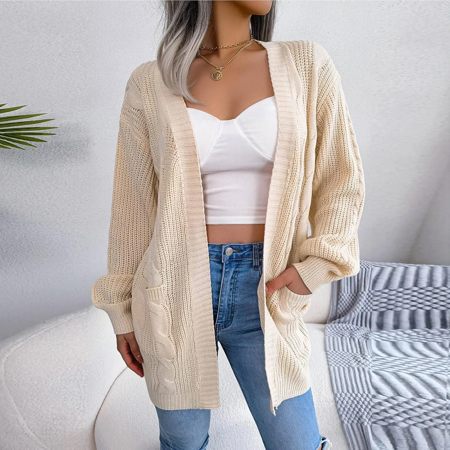 Women's Long Sleeve Soft Chunky Knit Sweater Solid Pockets Open Front Cardigans Outwear Coat Casual Cozy Fall Cover Up